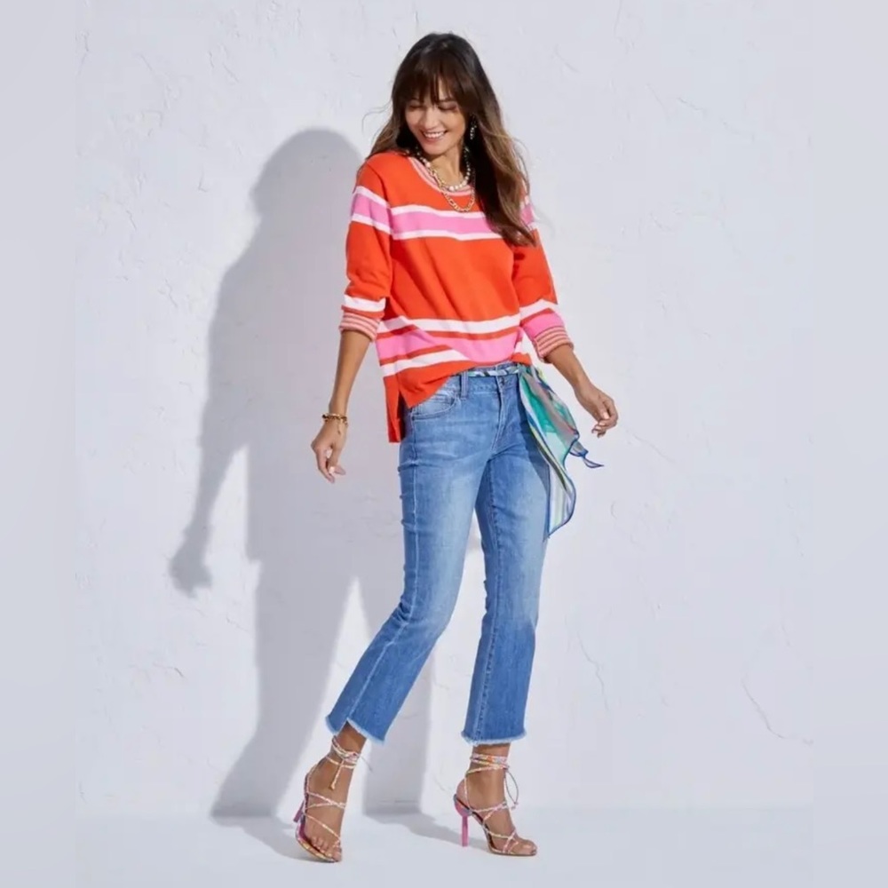 CABI 6168 Size XS Orange Pink Striped CADET SWEATER Pullover Spring Women’s.